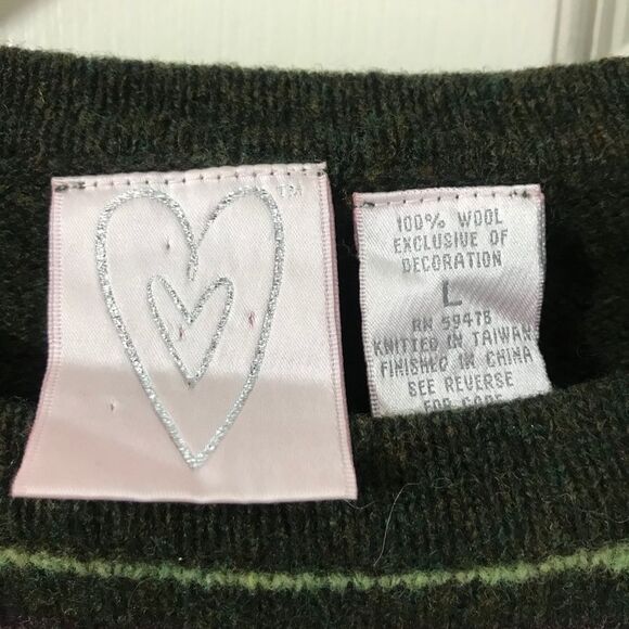 Vintage 90's Wool Crew Neck Sweater Removable White Real Fur Cuffs Green Sz L - Picture 5 of 5